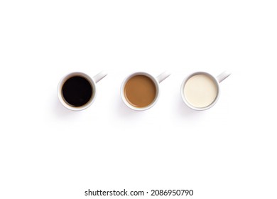 From Black To White Coffee With Milk. Top View, Three Cups