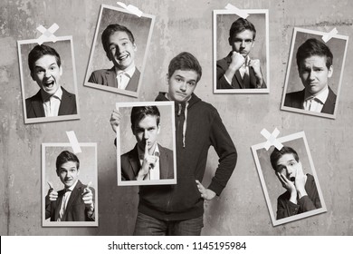 Black And White Collage. A Young Man Near The Wall With Photos On Which His Own Portraits With Different Emotions. Photos From The Same Studio Shooting.