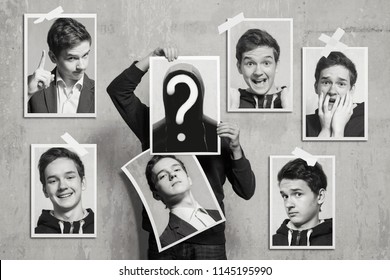 Black And White Collage. A Young Man Near The Wall With Photos On Which His Own Portraits With Different Emotions. Photos From The Same Studio Shooting.