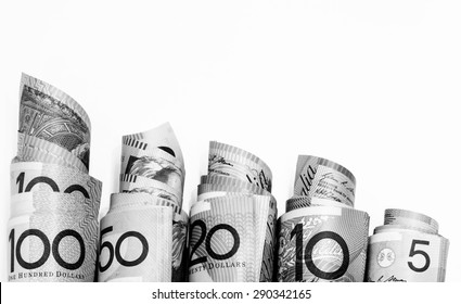 Black and white color of Australian Dollars roll with all denomination on white background