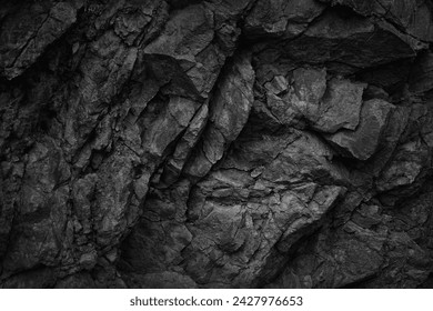 Black white dark gray rock stone basalt mountain granite volcanic texture background. Close-up. 3d. Cracked collapse, broken, crumbled. - Powered by Shutterstock