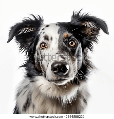 A black and white dog with brown spots on its face, brown eyes, and a brown nose. 