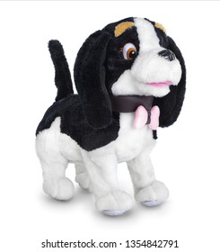 black and white plush dog