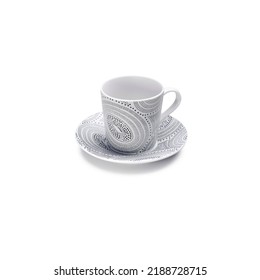 Black and white dots ceramic cup, with saucer, isolated on white