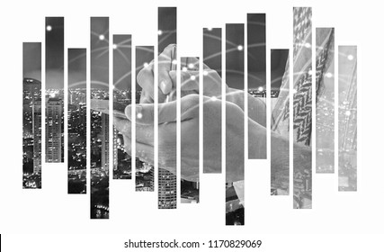 Black And White Double Exposure Of Business  Arab Man Writing On Smart Phone Screen,night City Scape And Network Sign Background,selective Focus.