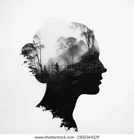 A black and white double exposure image of a girl and nature elements like trees and mountains