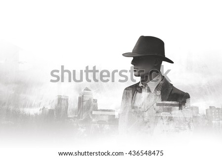 Black and white double exposure portrait urban man