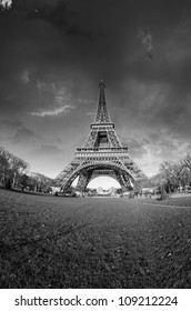 Black and White dramatic view of famous Eiffel Tower in Paris, France
