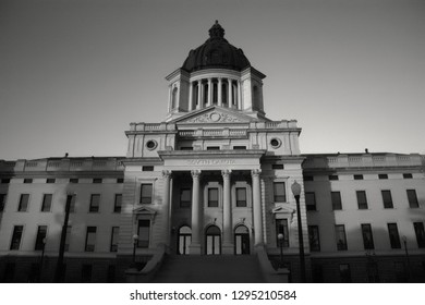 Black And White Exterior Shot Of The Capital Building In Pierre South Dakota