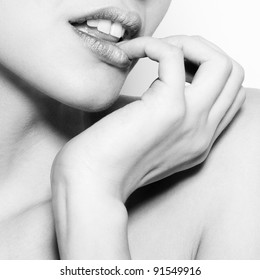 Black And White Fashion Abstract Portrait Of Beautiful Woman With Tenderness Finger And Lips