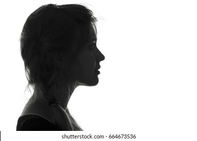 Black And White Fashion Portrait Profile Silhouette Of Face Of A Beautiful Young Girl With A Hairstyle On Her Head