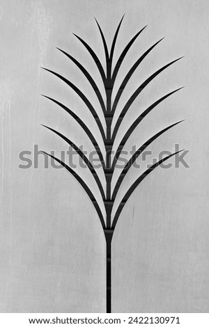black and white feather or tree shape on white background room for type backdrop or background stem with branches etched on metal cutout scratched metal background  backdrop straight and curved lines