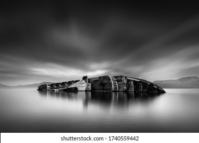Black and White, Fine Art, Long Exposure Seascape with shipwreck Mediterranean Sky, at Elefsis Bay, Greece