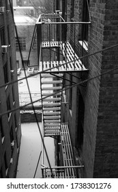 Black And White Fire Escape In Winter With Snow