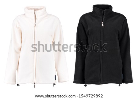 Black and white fleece jacket with a zipper. Unisex style. Isolated image on a white background.