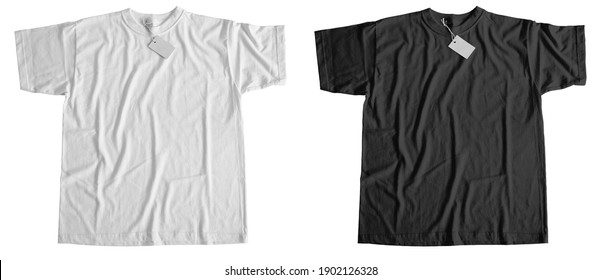  Black and white folded t-shirt with label.