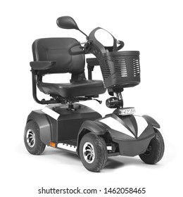 Black & White Four Wheel Mobility Scooter with Front Basket Isolated on White Background. Modern Mobility Aid Vehicle. Personal Transport Side View. Electric Wheelchair with Step Through Frame
