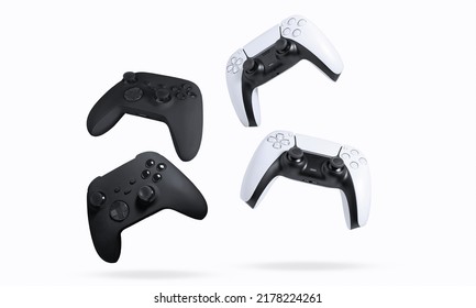 Black and white game controllers on white background