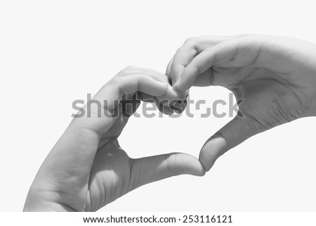 Black and white Girl hand in heart form love on white 