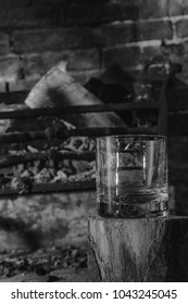 Black And White Glass Of Whiskey By The Fire