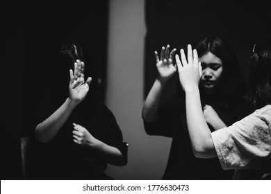 Black And White Of Group People Praying Worship Believe. Soft Focus, Praying And Praise Together At Church. Devotional Or Prayer Meeting Concept.