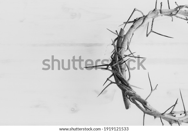 black and\
white half crown of thorns with copy\
space