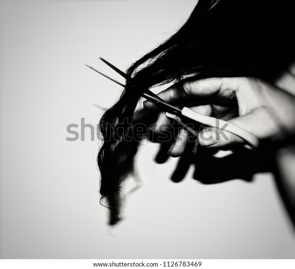 Black White Hand Holding Scissors Dark Stock Photo Edit Now