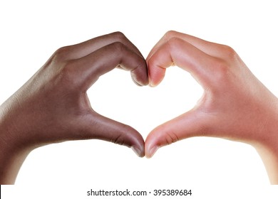 Black And White Hands In The Form Of Heart Isolated On White Background, Multi Ethnic