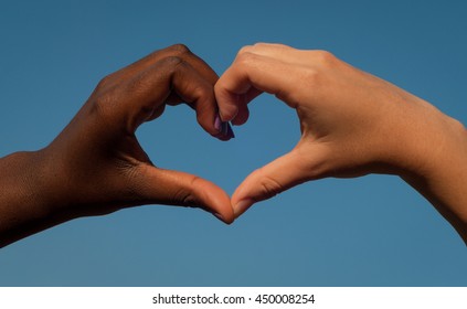 Black And White Hands In Heart Shape, Interracial Friendship