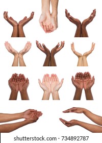 Black And White Hands Holding Or Offering Something, Isolated On White Background. Open Palms Of Multiethnic Men, Handful Gesture. Set Of Hands.