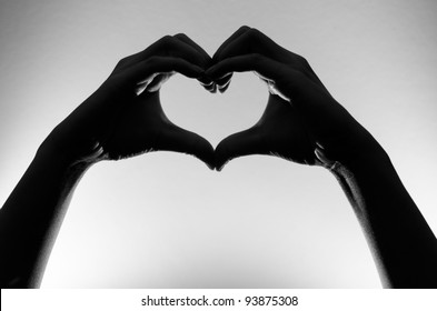 black and white heart hands silhouette