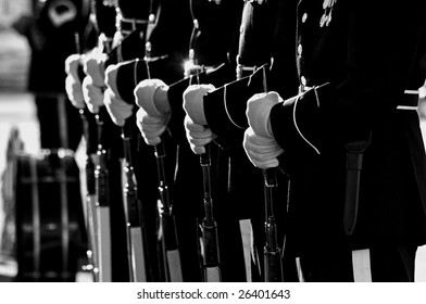 Black And White Horizontal Photo Of Honor Guard At Arlington National Cemetery