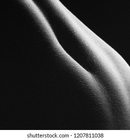 Black And White Image Of A Beautiful Female Body. There Is A Mystery! Studio Shooting Using Backlight. Sexy Body. Beautiful Body Parts. 