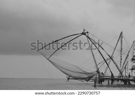 Black and white image of Chinese net in Kochi, Kerala