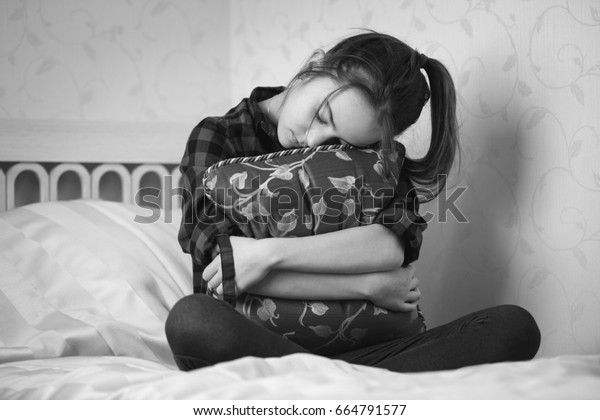 Black White Image Depressed Teenage Girl Stock Photo Edit