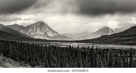 Black and white image of the Dietrich River Valley flanked by Mt Dillon and Sukakpak Mountain in the Brooks Range of Arctic Alaska. - Powered by Shutterstock