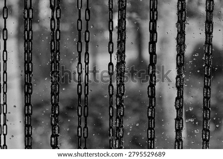 Black and white image featuring vertical chains with raindrops on them, set against a blurred background of trees and foliage