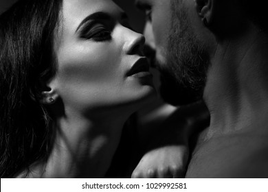 Black And White Image Of Loving Couple. Going To Kiss.