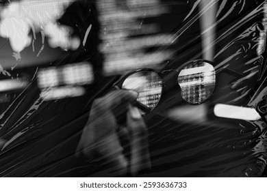 Black and white image of a person with glasses reflecting binary code. Technology and data theme with focus on coding and digital information. Business and technology image.