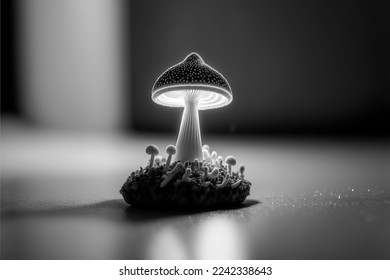 Black and white image of a psilocybin, magic mushroom, with light coming out of it, surreal, isolated, cinematic image - Shutterstock ID 2242338643