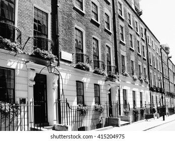 Black And White Image Of Regency Georgian Terraced Town Houses In Westminster, London ,England