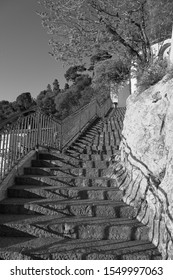 Black And White Image Of Stone Stairs Of Bellanda Tower In Nice In The Springtime Evening, French Riviera, France.