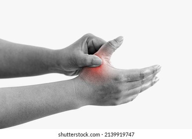 Black and white image woman holding thumb joint with pain problem point out hurt area with red gradient color, isolated on white with copy space for text.