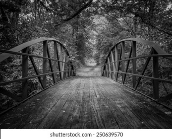 A Black And White Image Of A Wooden Bridge On A Nature Trail