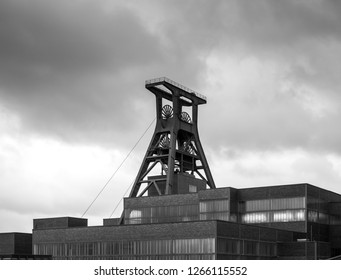 Black And White Image Of Zollverein Coal Mine And Its Famous Winding Tower In Essen, Ruhr Area, NRW, Germany