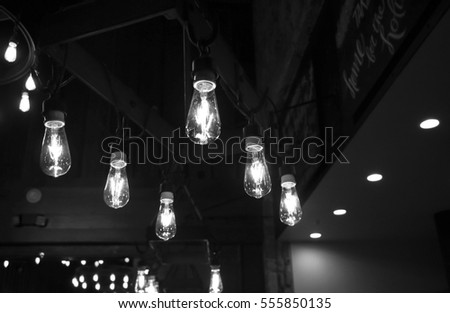 Black and white interior stock photo of vintage hanging electric light bulbs.
 Zdjęcia stock © 