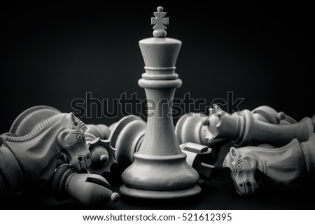 Black and White King and Knight of chess setup on dark background . Leader and teamwork concept for success. Chess concept save the king and save the strategy. 
