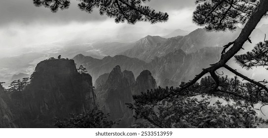 A black and white landscape of Huangshan mountain range with mist and pine trees in the foreground. - Powered by Shutterstock