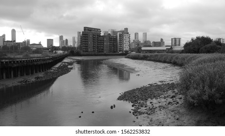 Black And White Landscape View Of Bow Creek On River Lea Lea London