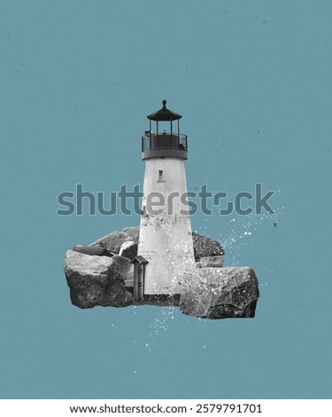 Black and white lighthouse on massive rocks with splashed water floating against turquoise sky. Conceptual surrealistic digital collage.